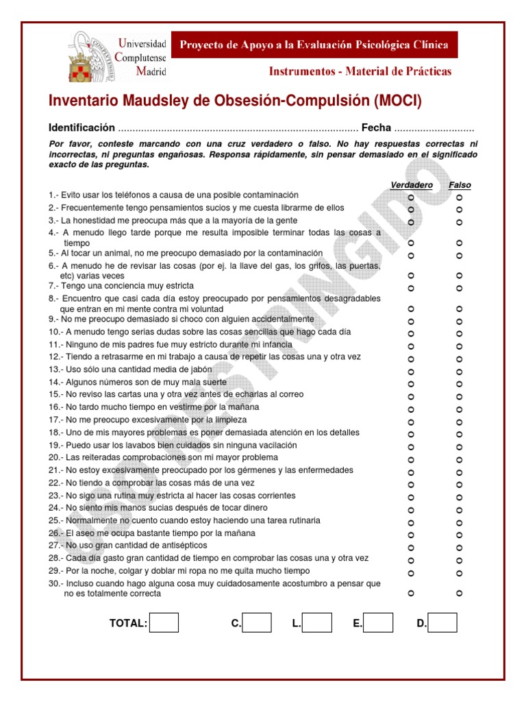 Evaluación de síntomas obsesivos y compulsivos mediante el Inventario ...