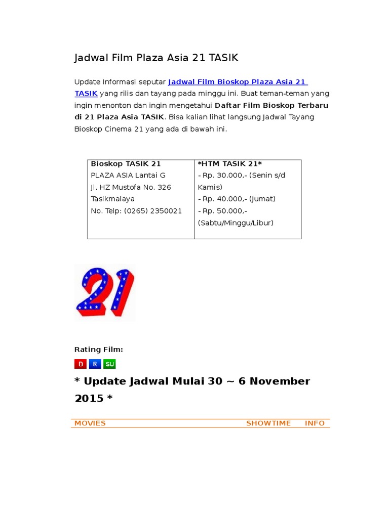 Jadwal Film Plaza Asia 21 Tasik