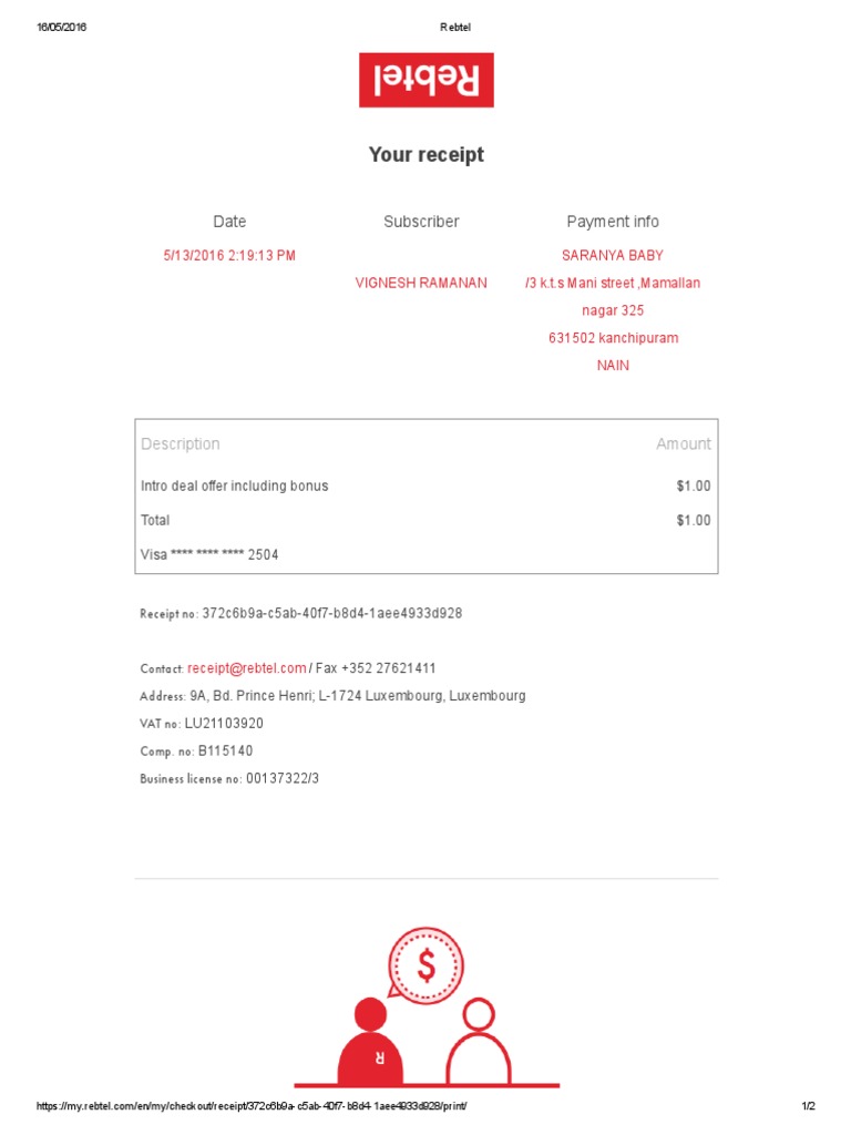 Rebtel Receipt: Intro Deal Offer | PDF | Business | Home & Garden