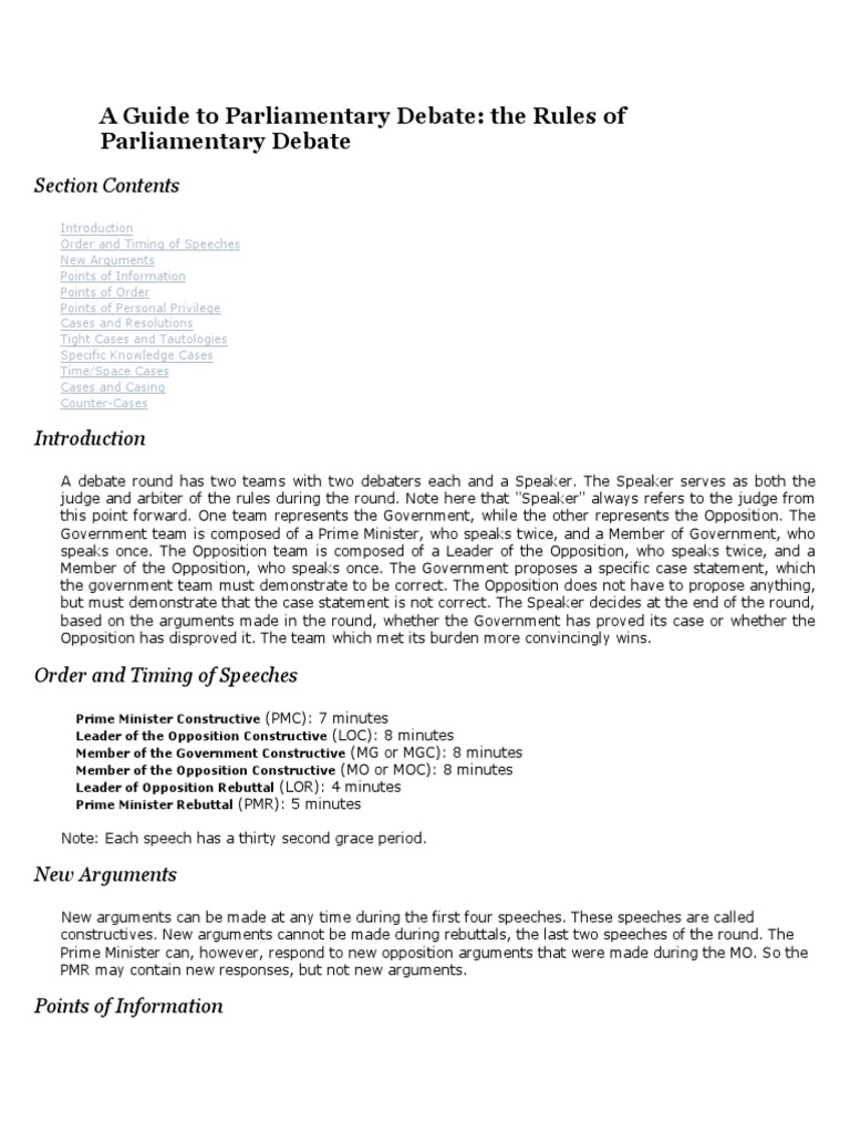 A Guide to Parliamentary Debate Argument Knowledge