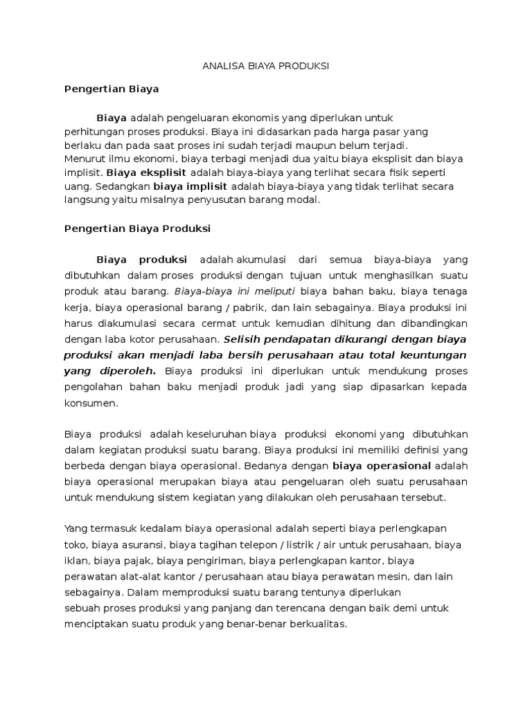 Analisa Biaya Produksi