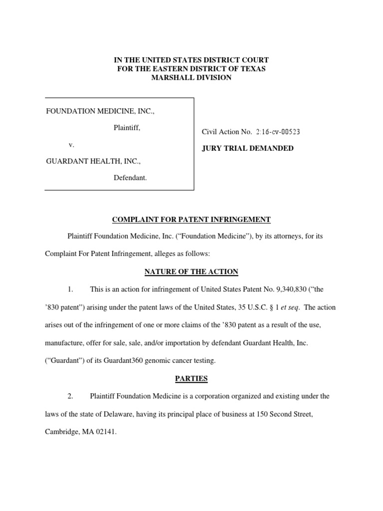 Foundation Medicine Complaint PDF Dna Sequencing Patent Infringement