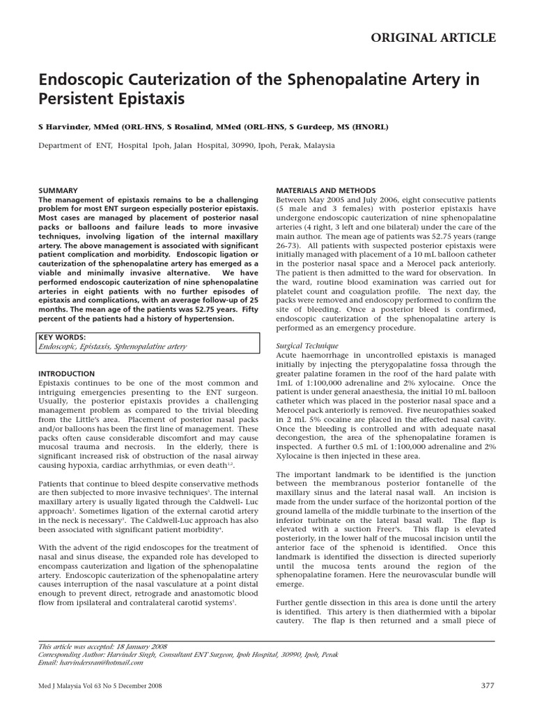 Endoscopic Cauterization of the Sphenopalatine Artery In Surgery