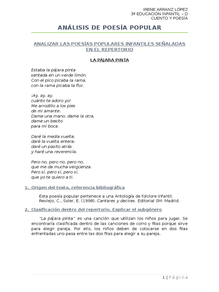 Análisis de Poesía Popular Infantil | PDF | Metro (poesía) | Poesía