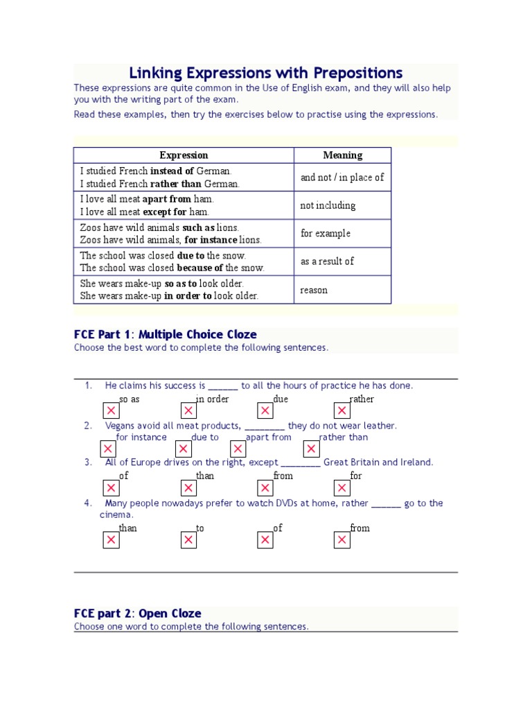 Linking Expressions With Prepositions PDF Adjective Noun