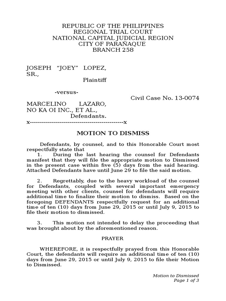 Motion To Dismiss Civil Case PDF