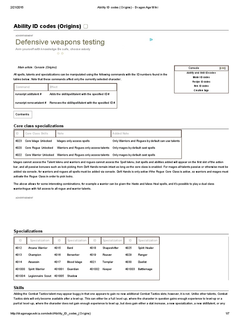 Ability ID Codes (Origins) - Dragon Age Wiki, PDF