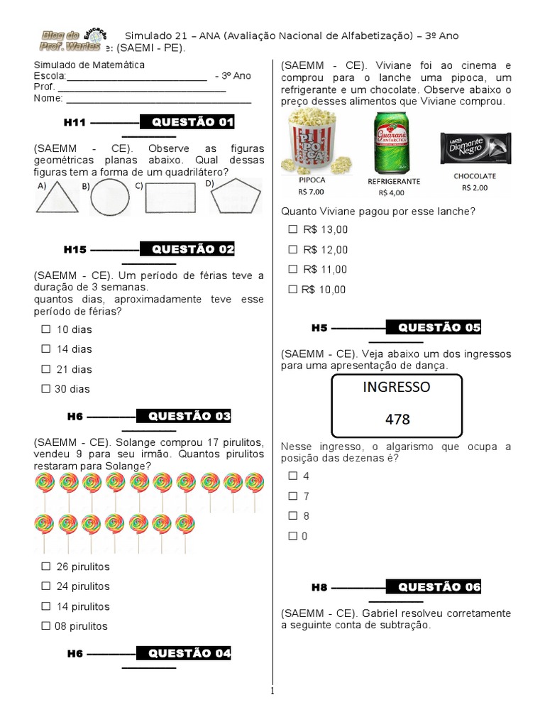 Simulado 21 (3º Ano - Mat - E.F) - (Blog Do Prof. Warles) | PDF