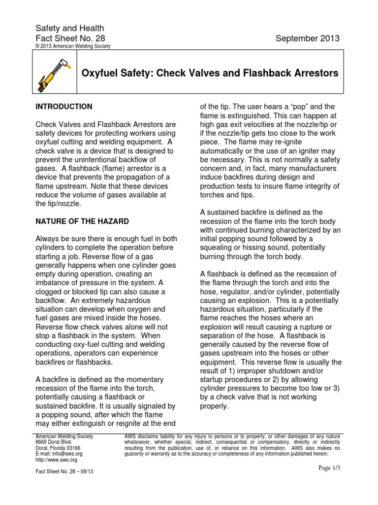 Oxyfuel Safety Check Valves and Flashback Arrestors PDF Gases Safety
