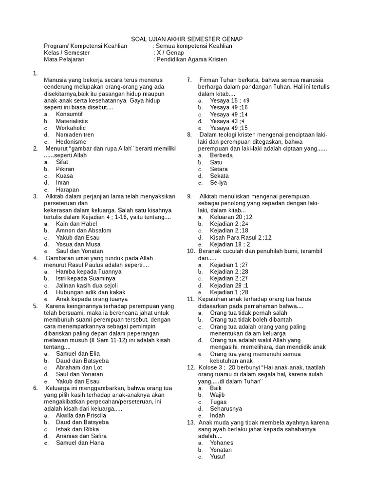 Soal Ujian Pg Agama Kristen