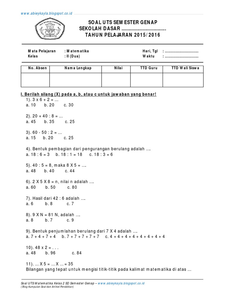 Soal Uts Matematika Kelas 2 Sd Semester 2 Abieykayla Blogspot