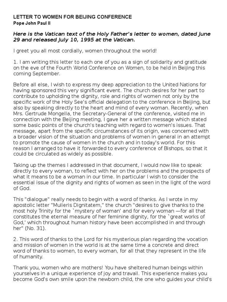 Pope John Paul II's Letter to Women | PDF | Catholic Church | Mary, Mother Of Jesus