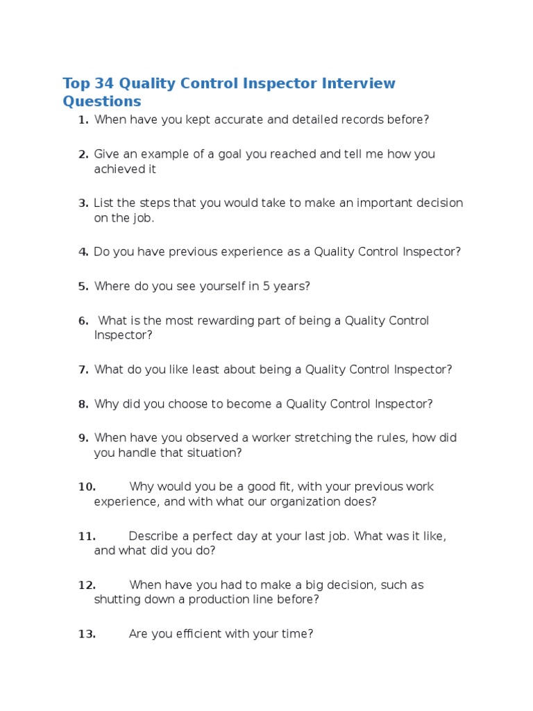 Top 34 Quality Control Inspector Questions | PDF
