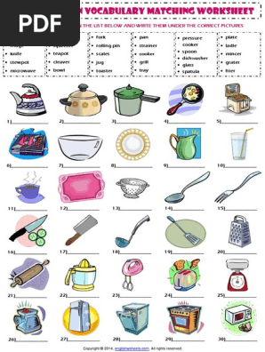 Kitchen Utensils Esl Vocabulary Matching Exercise Worksheet Pdf