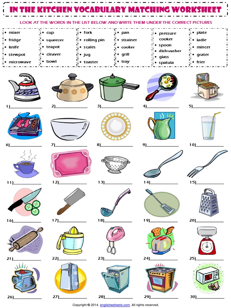 kitchen utensils esl vocabulary matching exercise worksheet pdf pdf home tools