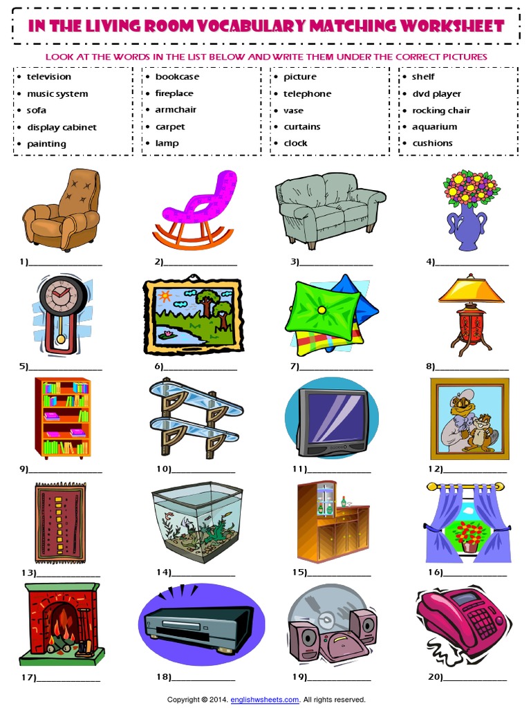 in the living room esl vocabulary matching exercise worksheetpdf