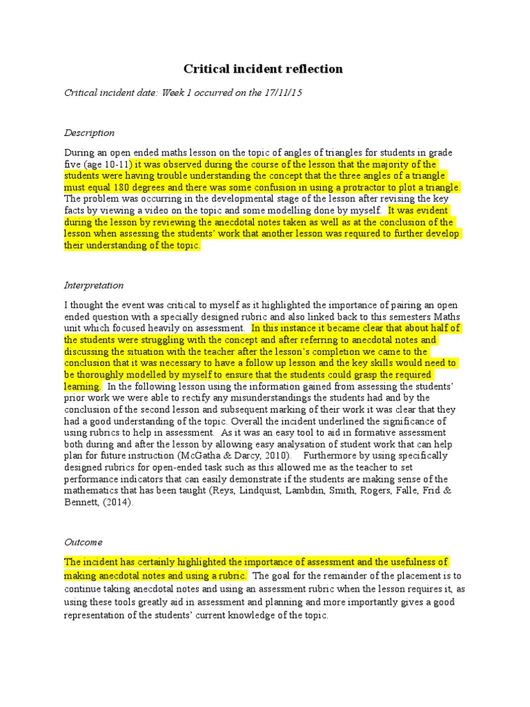 Critical Incident Reflection Week 1 Educational Assessment Rubric