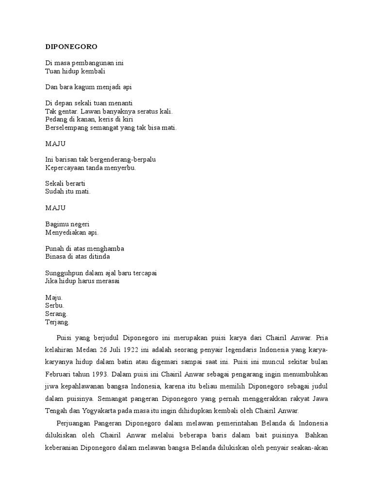 Analisis Puisi Diponegoro Karya Chairil Anwar KT Puisi