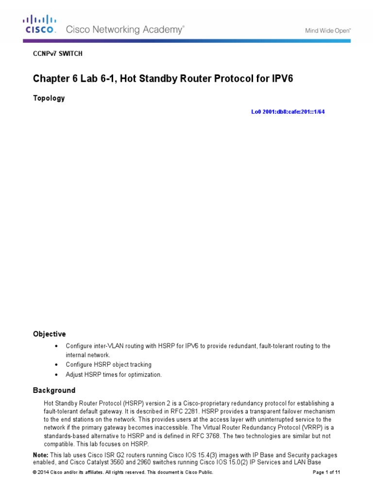 Ccnpv7 Switch Lab 6-2 Hsrpv6 Student | PDF | Network Switch | I Pv6
