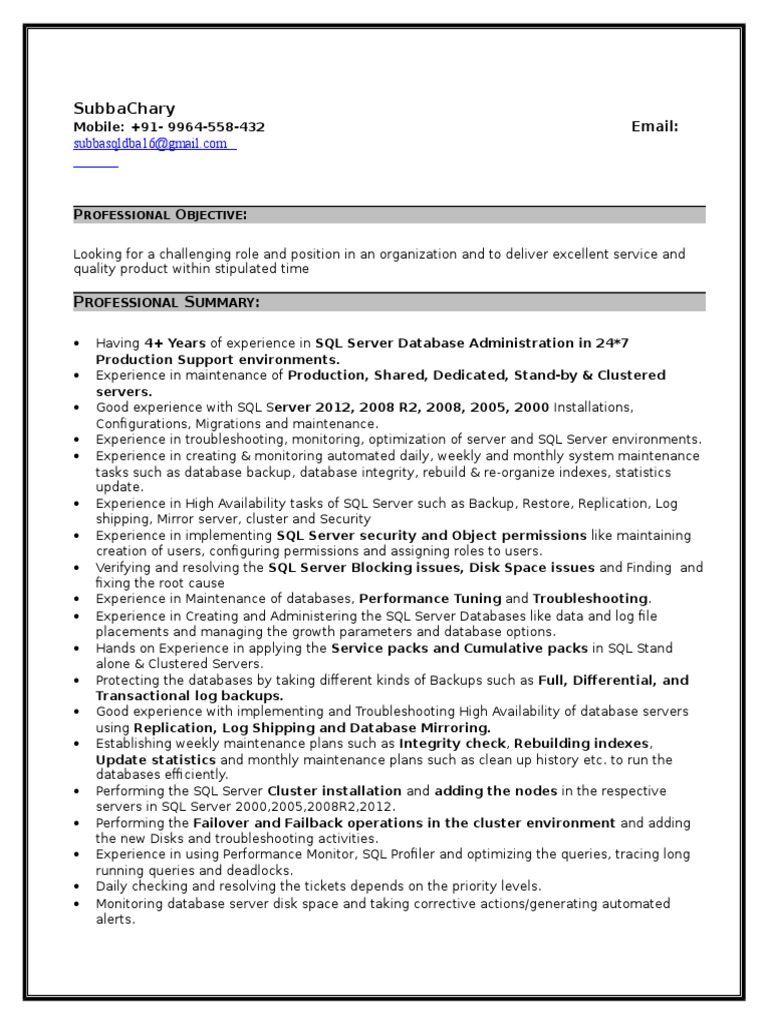 SQL Server DBA Resume Summary | PDF | Microsoft Sql Server | Backup