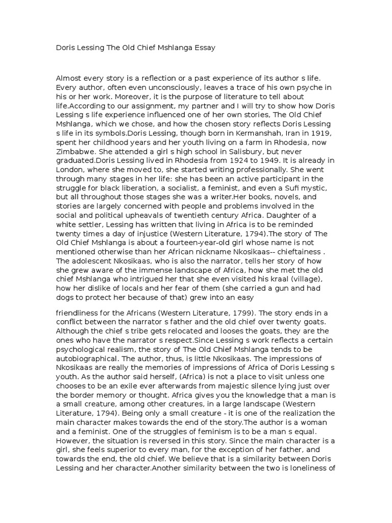 Doris Lessing The Old Chief Mshlanga Essay Pdf Doris Lessing