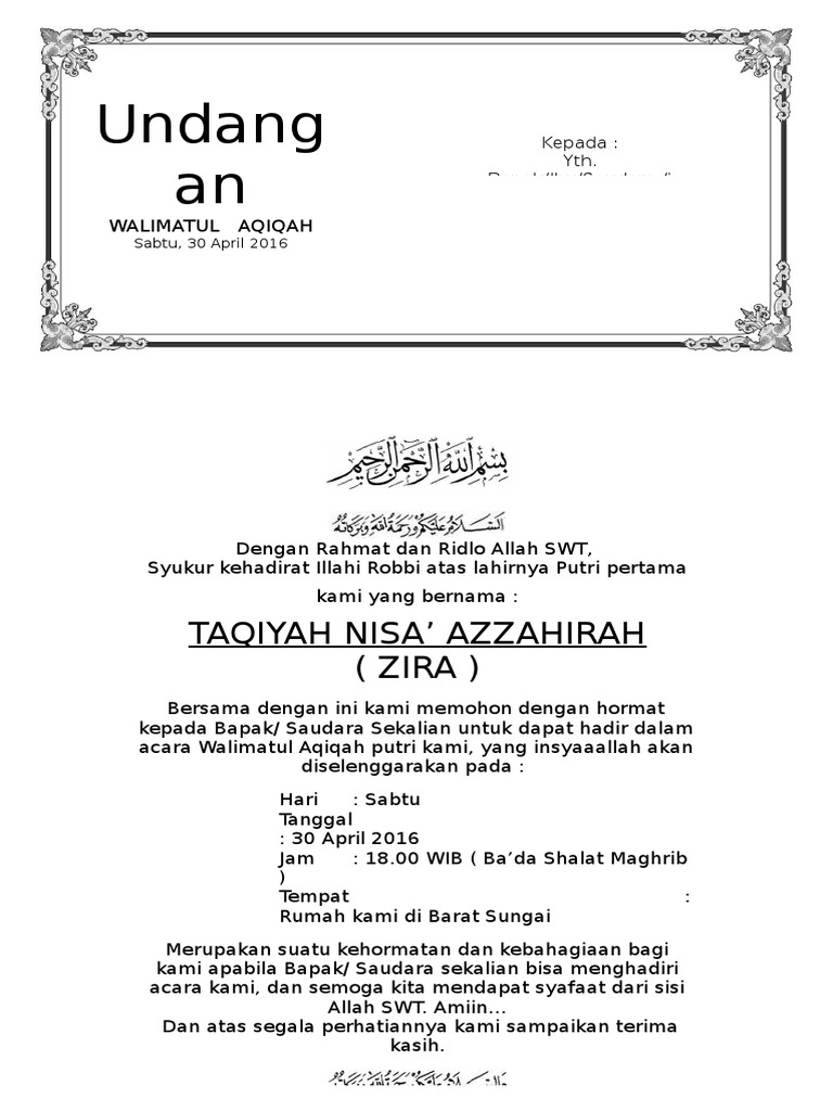66 Koleksi Contoh Undangan Aqiqah Karena Allah Gratis Terbaru