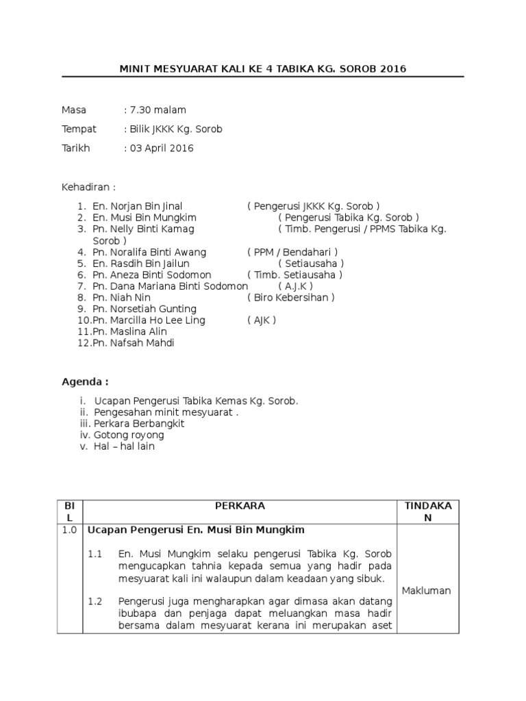 Minit Mesyuarat Kali Ke 4 Tabika Kg Sorob Pdf