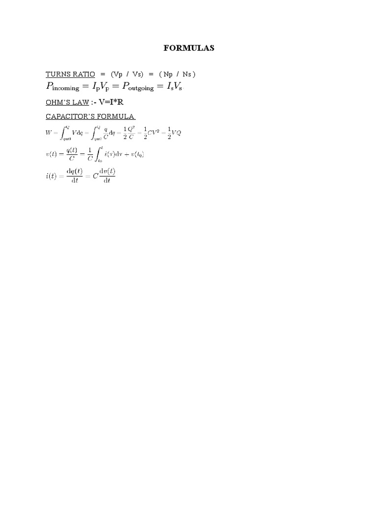 Formulas: Turns Ratio (VP / VS) (NP / NS) | PDF