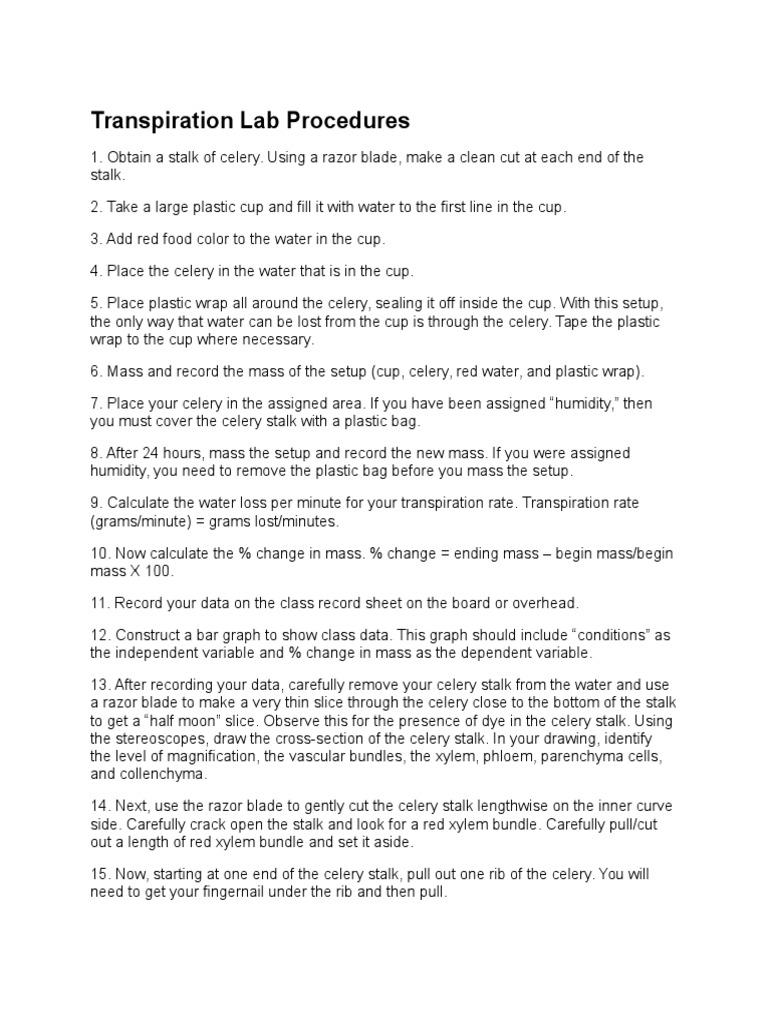 Transpiration Lab Procedures | PDF