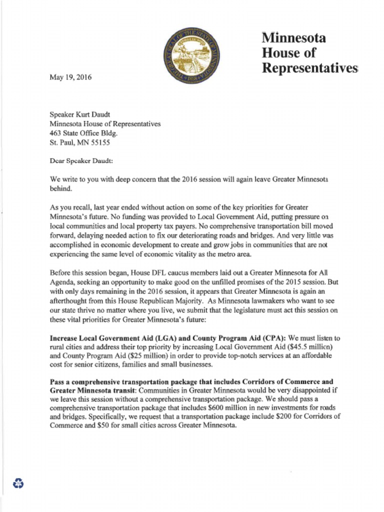 House DFL Members From Greater MN Send Letter To Speaker Daudt