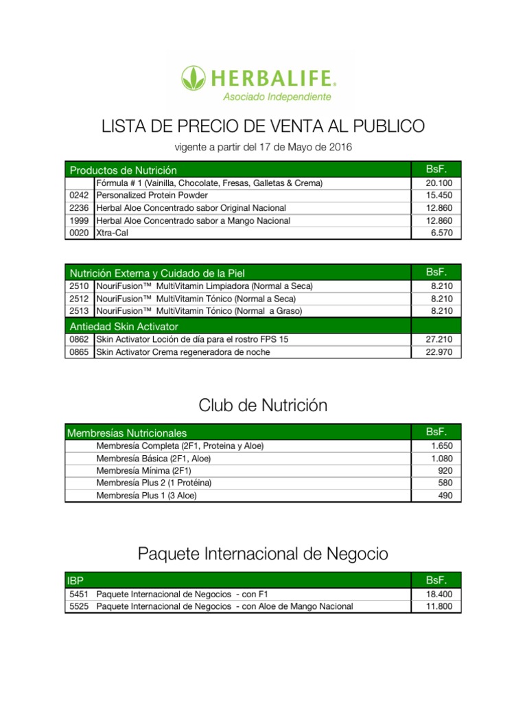 Herbalife Lista de Precios PVP 17 Mayo 2016 Venezuela