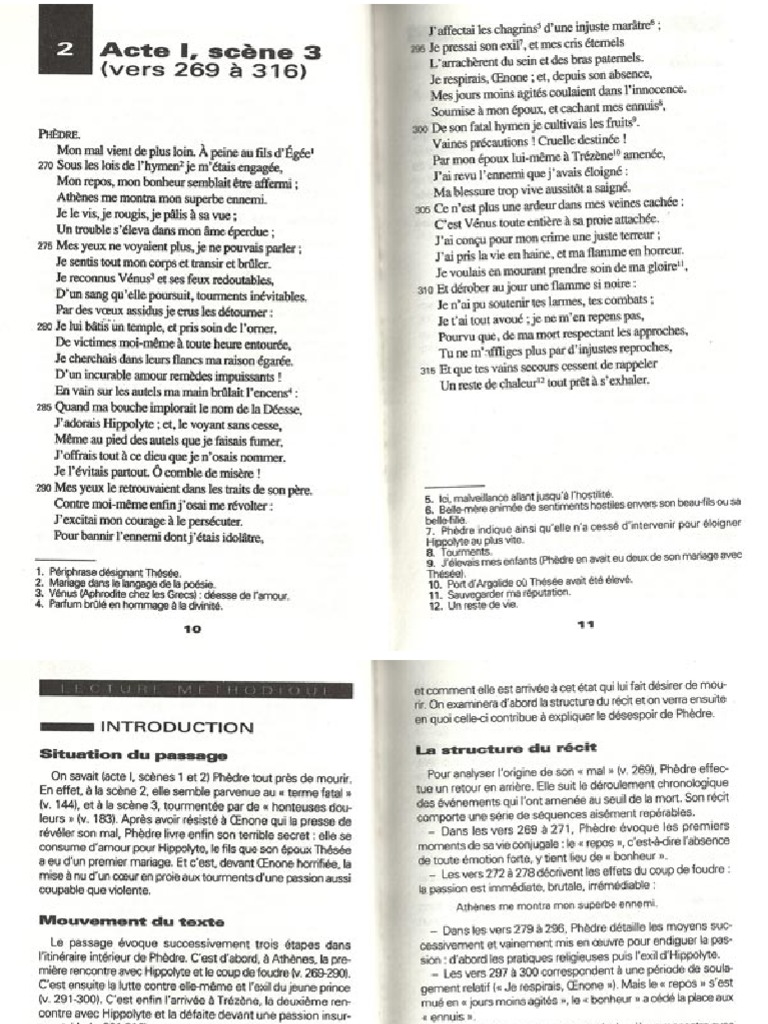 Commentaire Composé Phèdre Acte 1 Scène 3 Phèdre Racine Acte 1 Scène 3 Profil de L'oeuvre Étude Analyse Tragédie | PDF