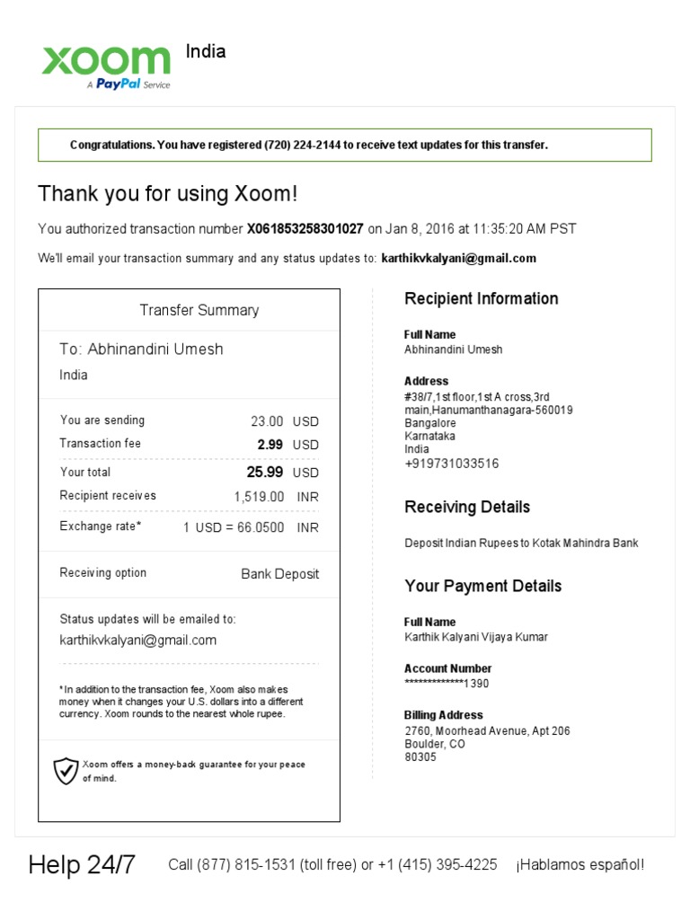 Transfer Receipt Xoom A Paypal Service