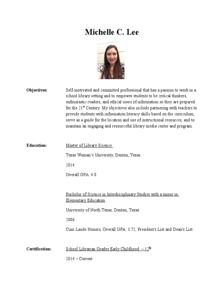Michelle Lee Resume For Portfolio | PDF | School Library | Cognition