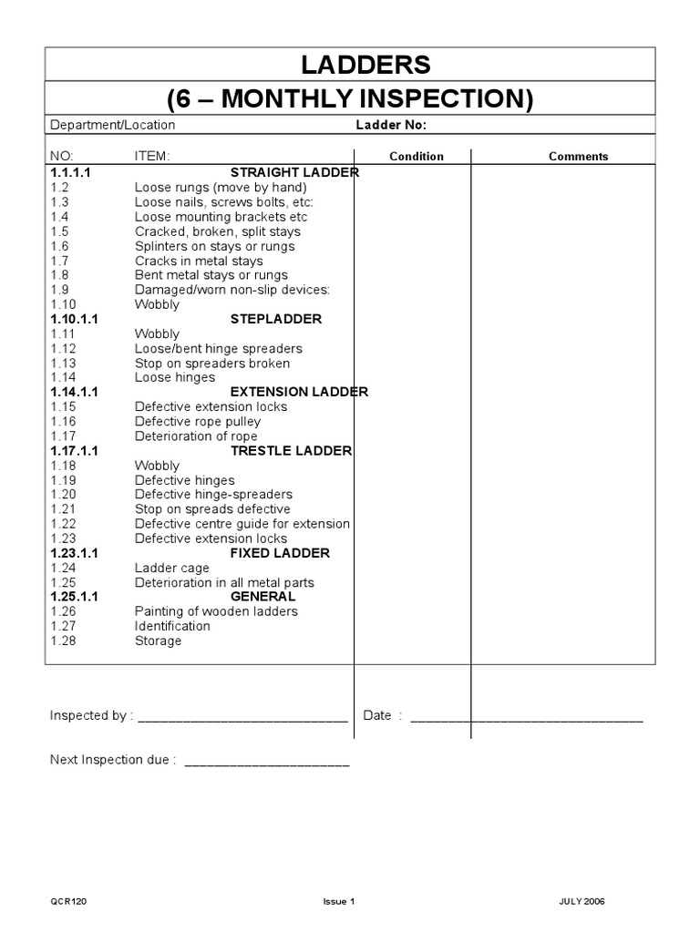 Ladder 6 Monthly Inspection Checklist