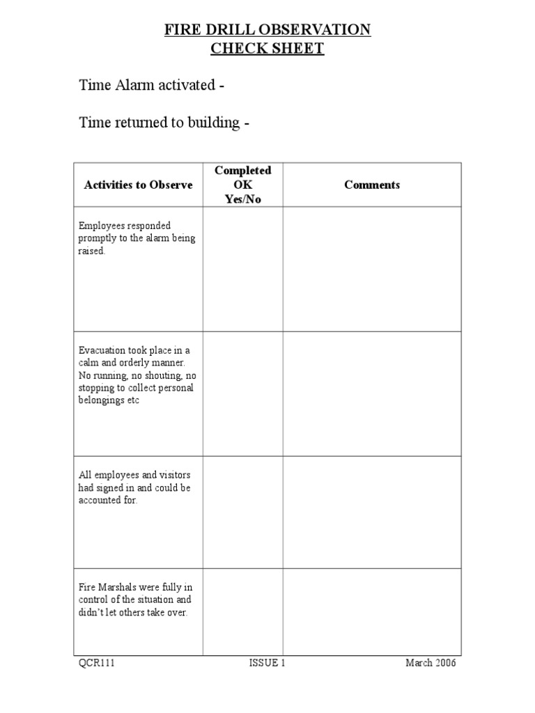 Fire Drill Observation Sheet