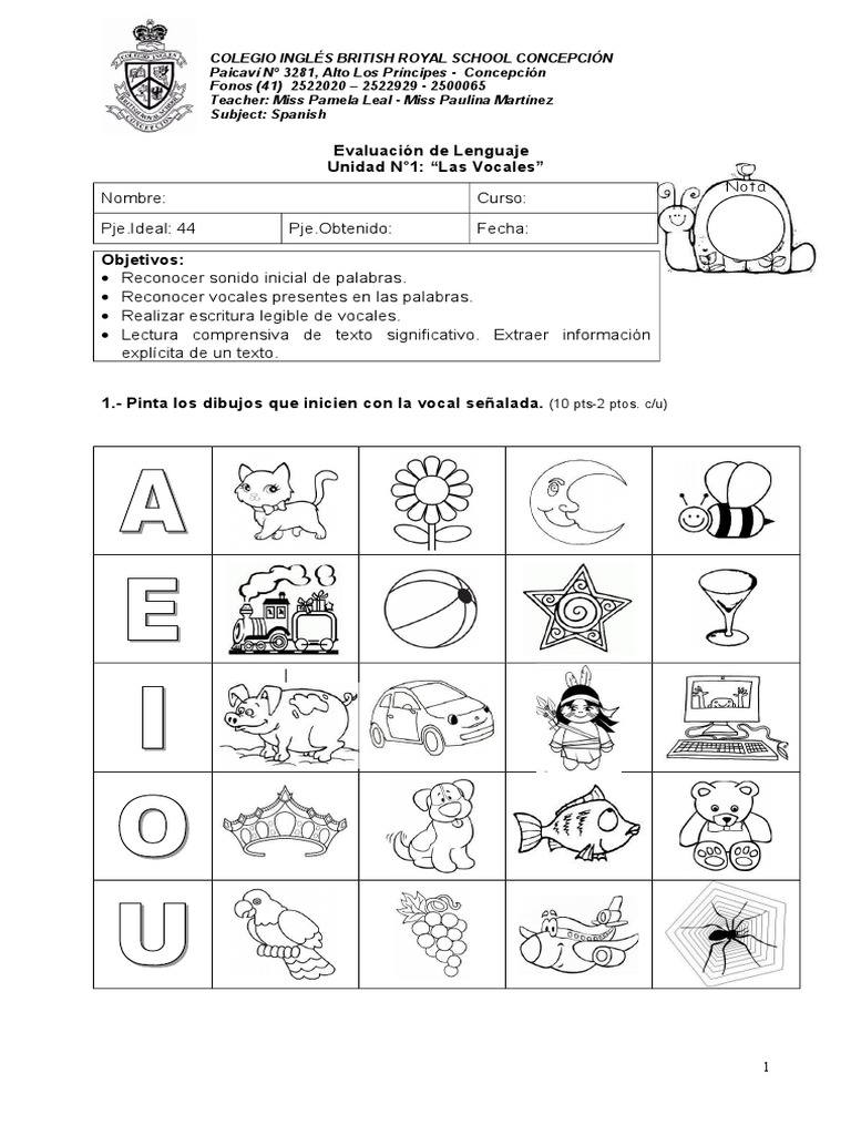 Evaluación de Vocales para Primer Grado | PDF | Artes del Lenguaje y ...
