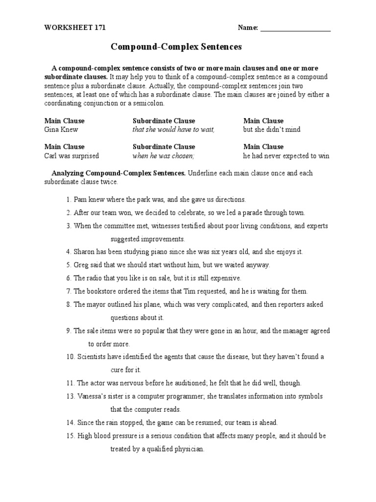 Worksheets Simple Compound And Complex Sentences Worksheet compound complex sentence okl mindsprout co sentence