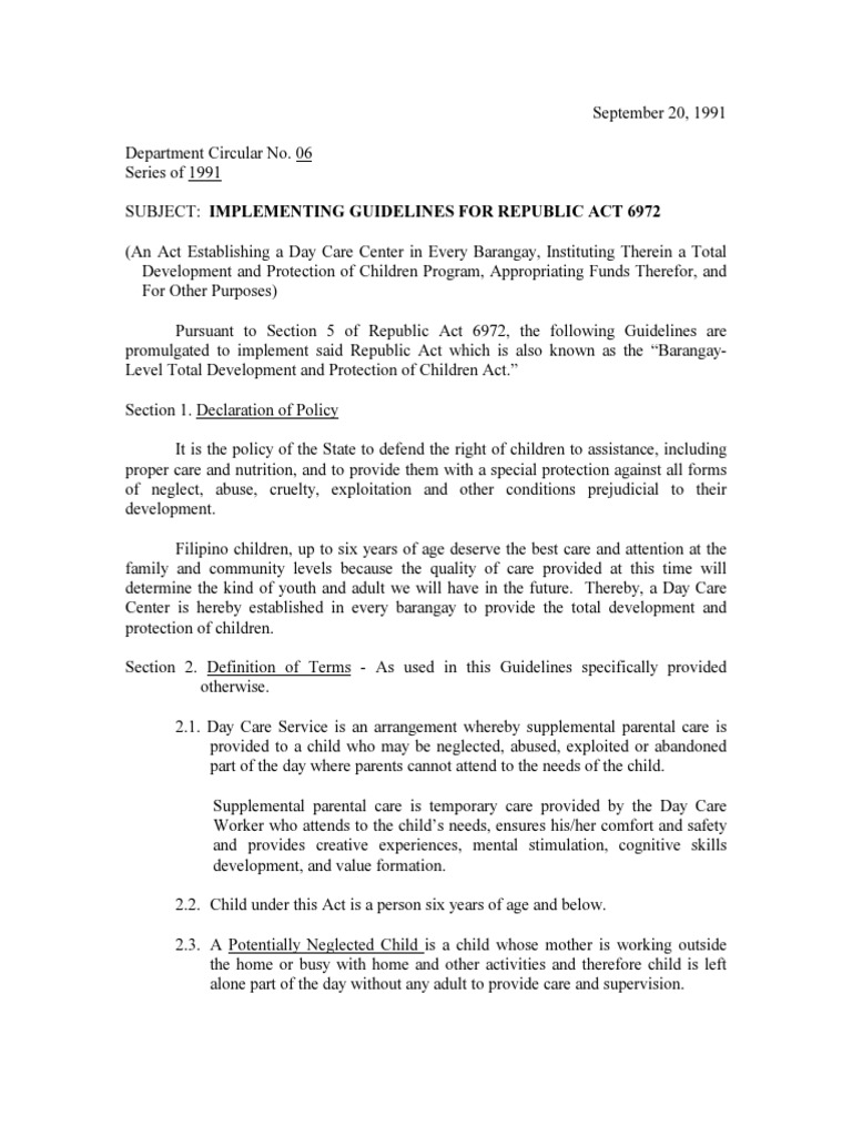 RA 6972: Daycare Guidelines 2025 | PDF | Technology & Engineering