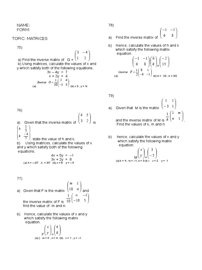 Matrices Form 5: Inverses & Solutions | PDF | Matrix (Mathematics ...