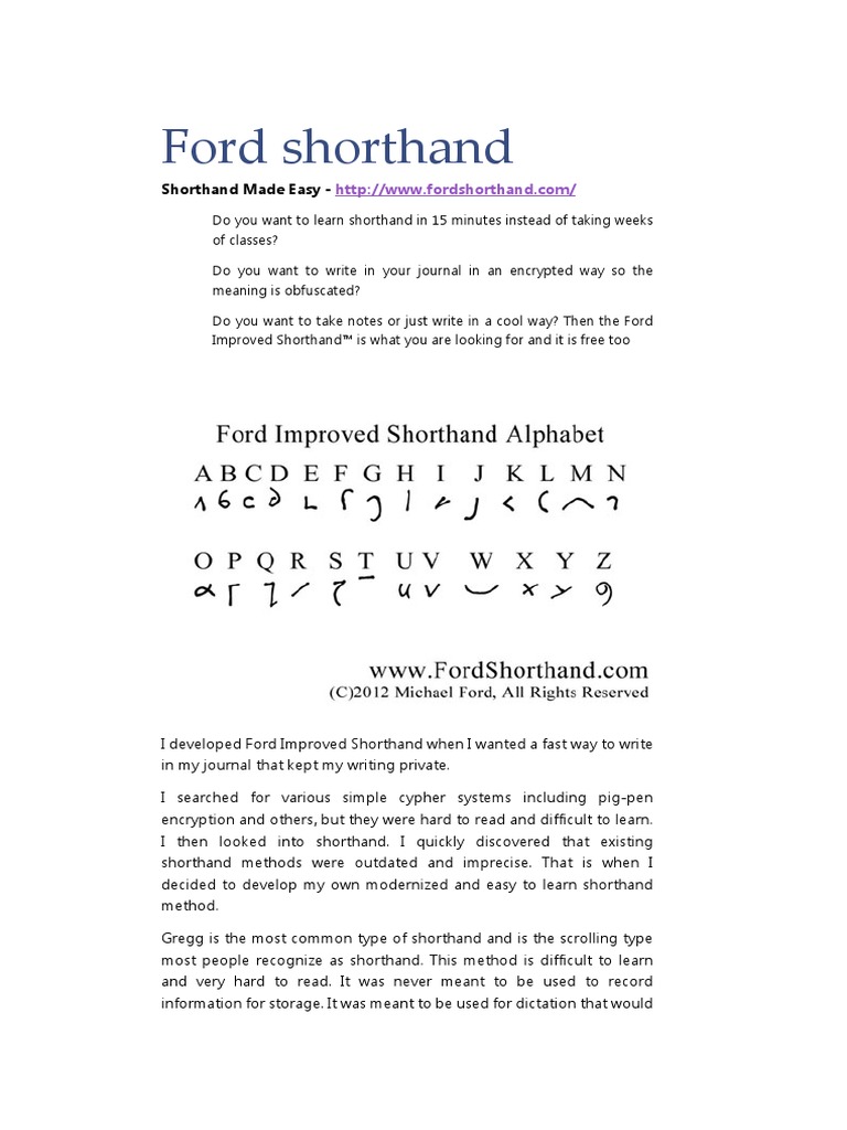 Ford Improved Shorthand Shorthand Alphabet