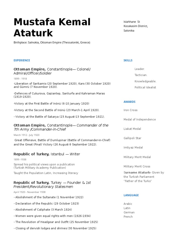 Mustafa Kemal Ataturk: Ottoman Empire, Constantinople - Colonel | PDF ...