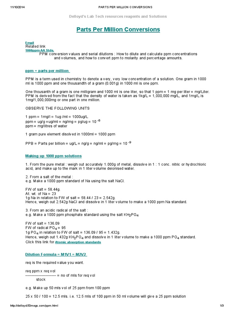 Parts Per Million Conversions PDF | PDF | Parts Per Notation | Molar ...