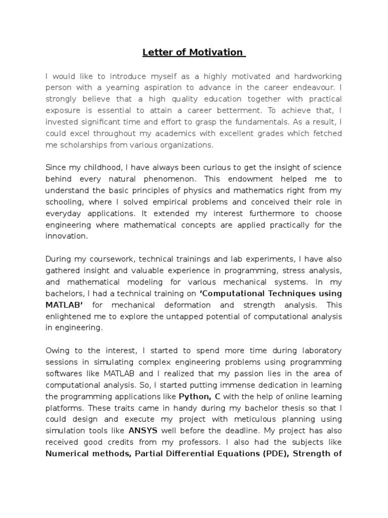 Letter of Motivation: MATLAB' For Mechanical Deformation and 