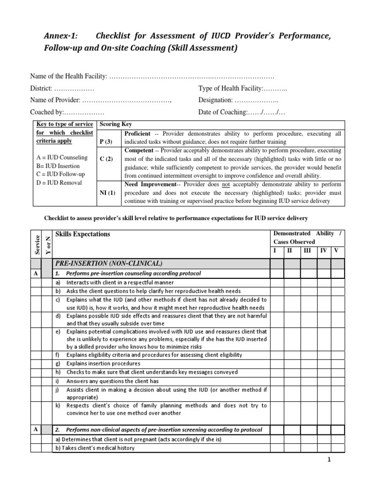 IUCD Provider Performance Checklist | PDF | Human Reproduction | Sexual ...
