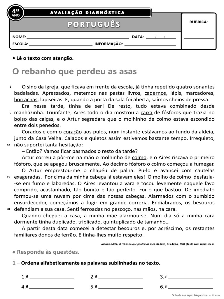 Avaliação Diagnóstica para o 4º Ano de Português