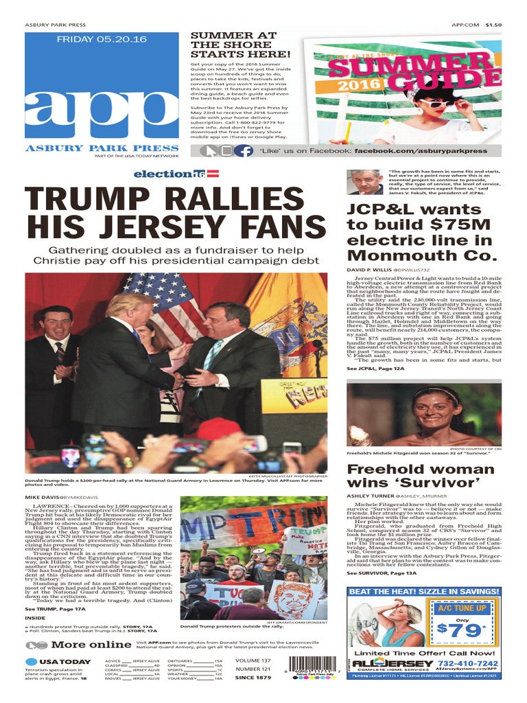 Asbury Park Press Front Page, 5/20/16 Download Free PDF Donald