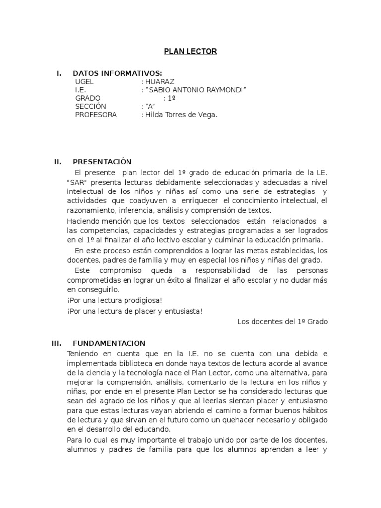 Plan Lector para Primer Grado | PDF | Comprensión lectora | Lectura ...