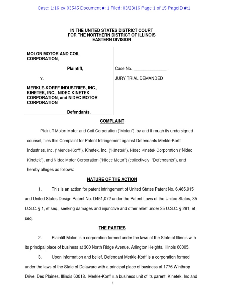 Molon Motor & Coil v. MerkleKorff Complaint PDF Patent