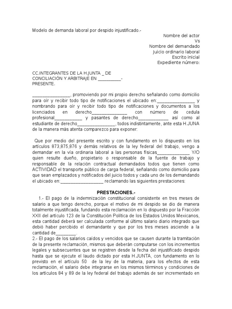 Modelo de Demanda Laboral Por Despido Injustificado | PDF | Derecho laboral  | Salario